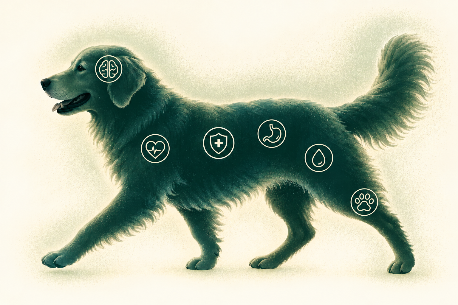 Teal golden retriever in side profile with six body-system marks