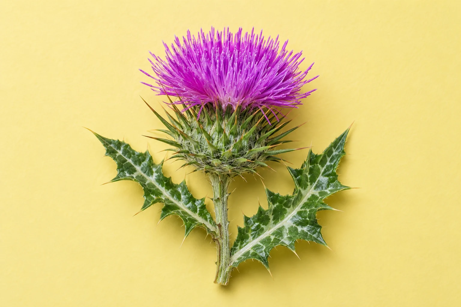 Purple milk thistle flower with green spined leaves
