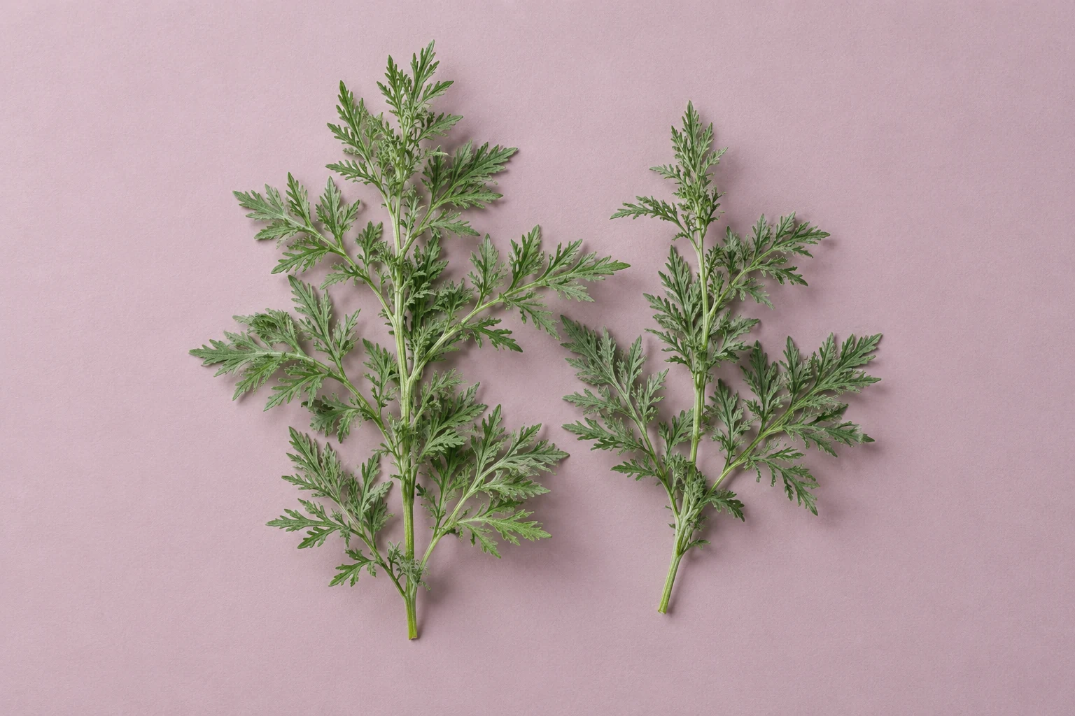 Two green wormwood sprigs on dusty pink